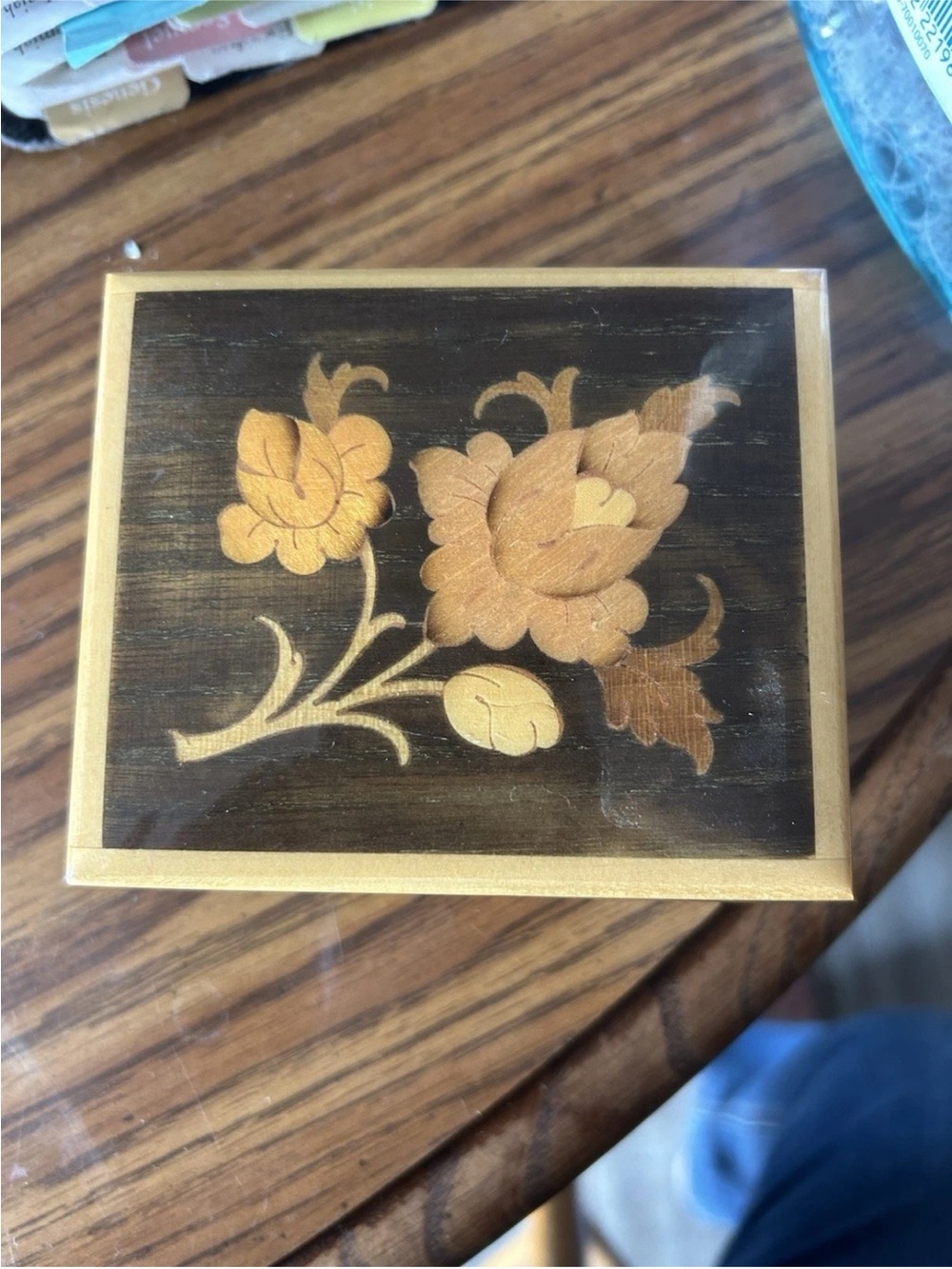 refuge Gold Floral Inlay Trinket Box on Dark Brown